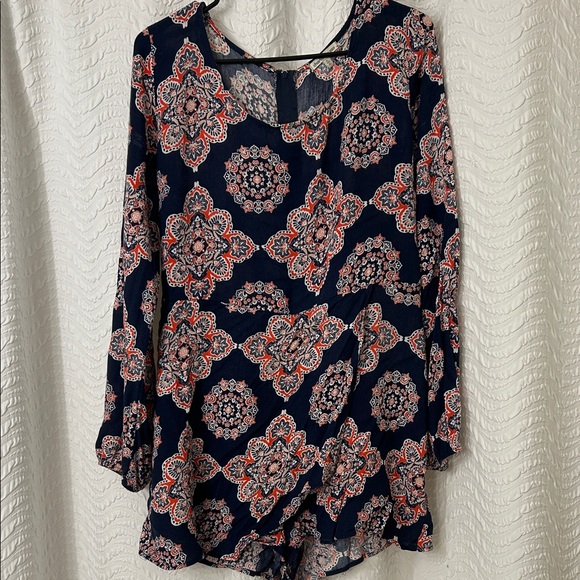 Charlotte Russe Pants - Charlotte Russe Navy and Coral Patterned Romper